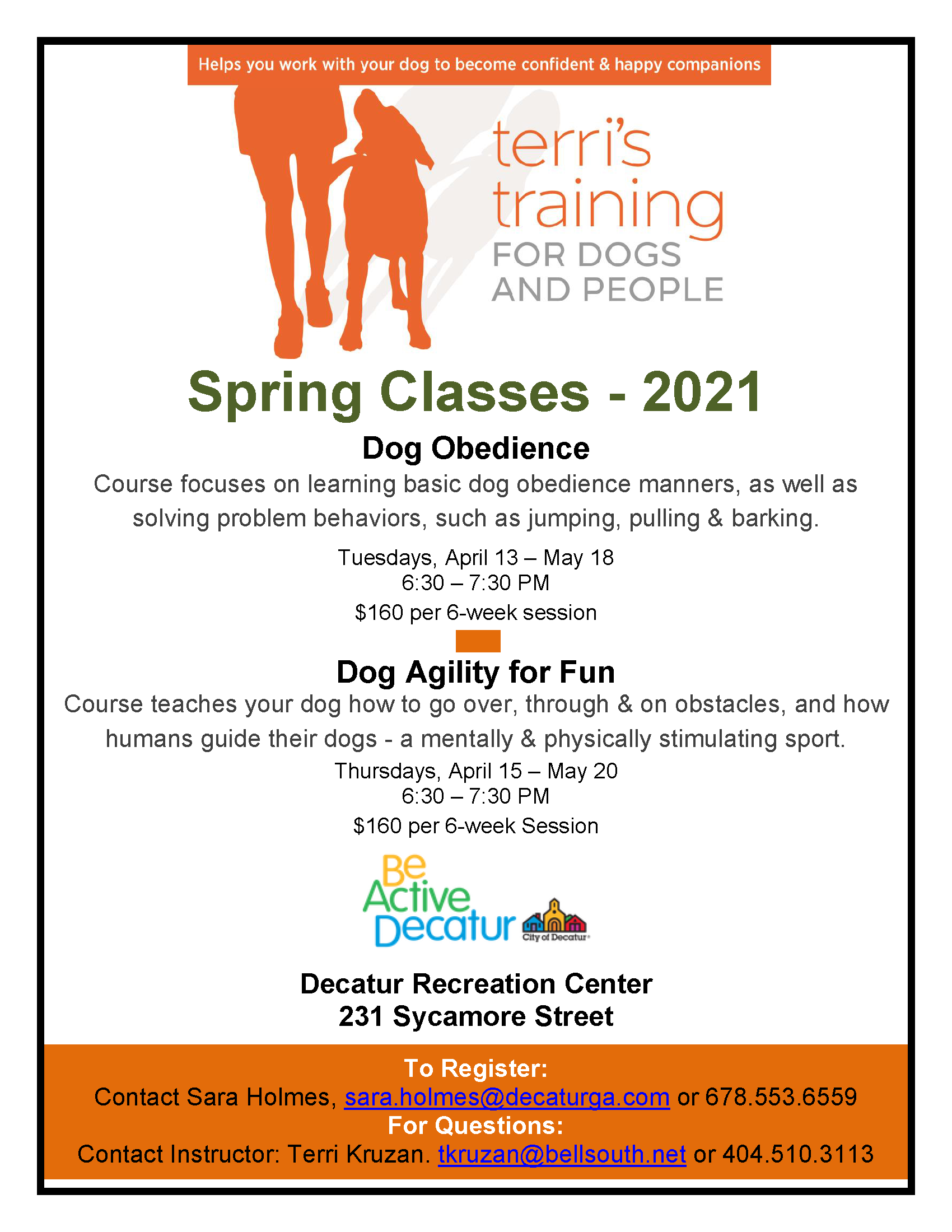 Terri’s Training for Dogs and People start next month! Decatur Parks